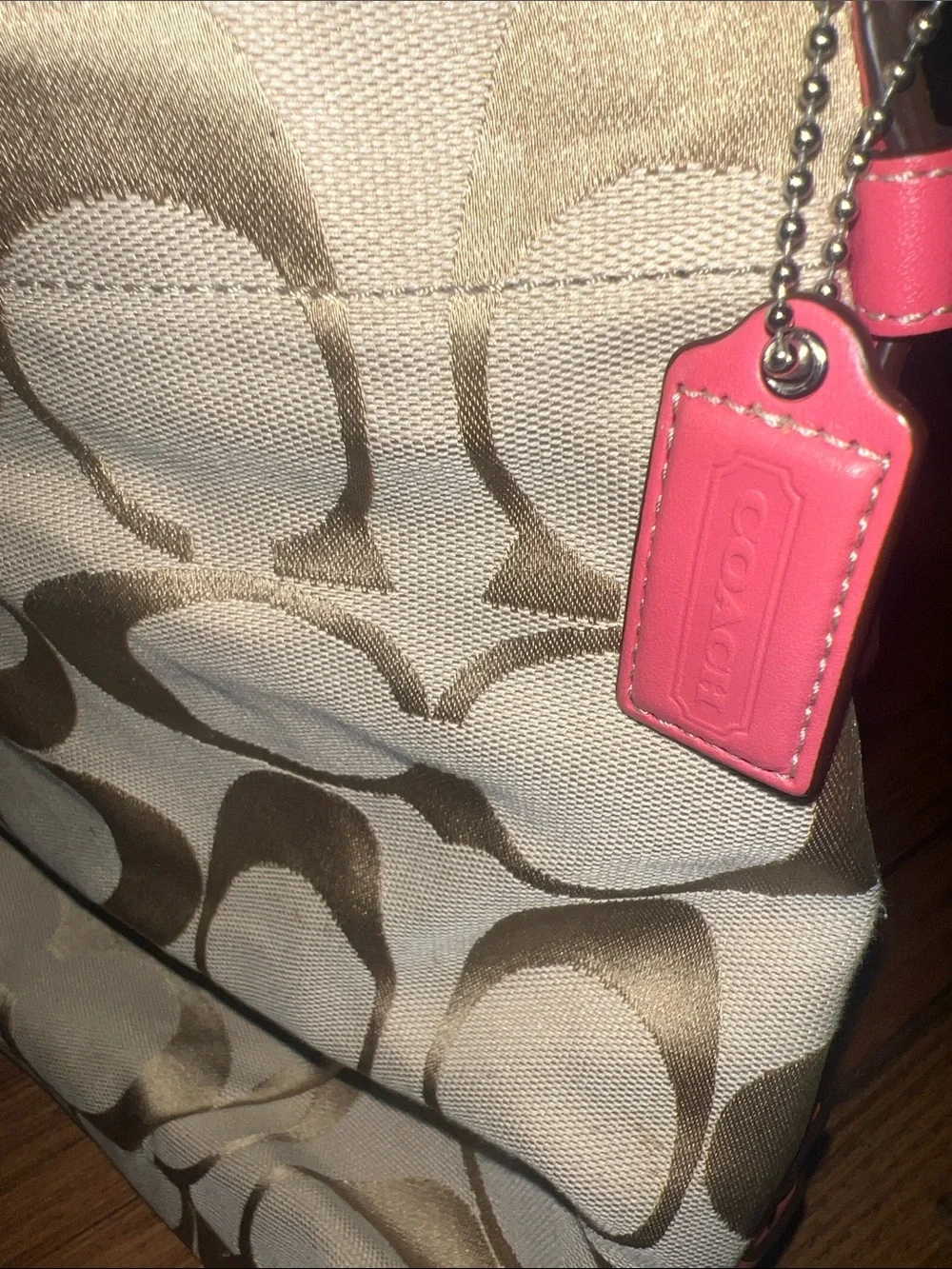 Coach Beige Signature Canvas Shoulder Bag with Pink Leather Strap